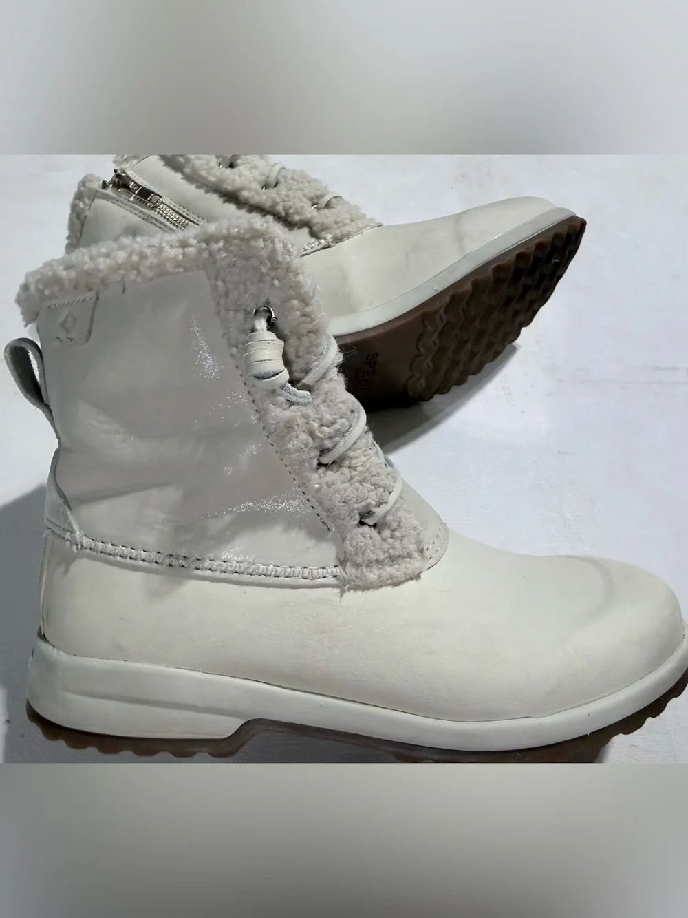 Sperry Women's Maritime Repel Cream Winter Lace-Up Ankle Boots Faux Fur Trim
